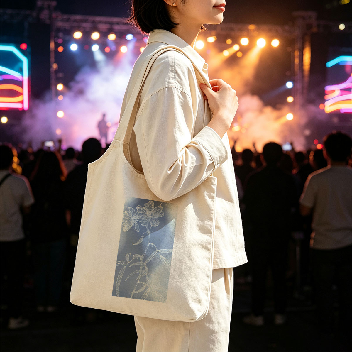 Taylor Swift in a Dreamy Floral Scene with Ethereal Blue and White Botanical Patterns - Canvas shoulder bags/