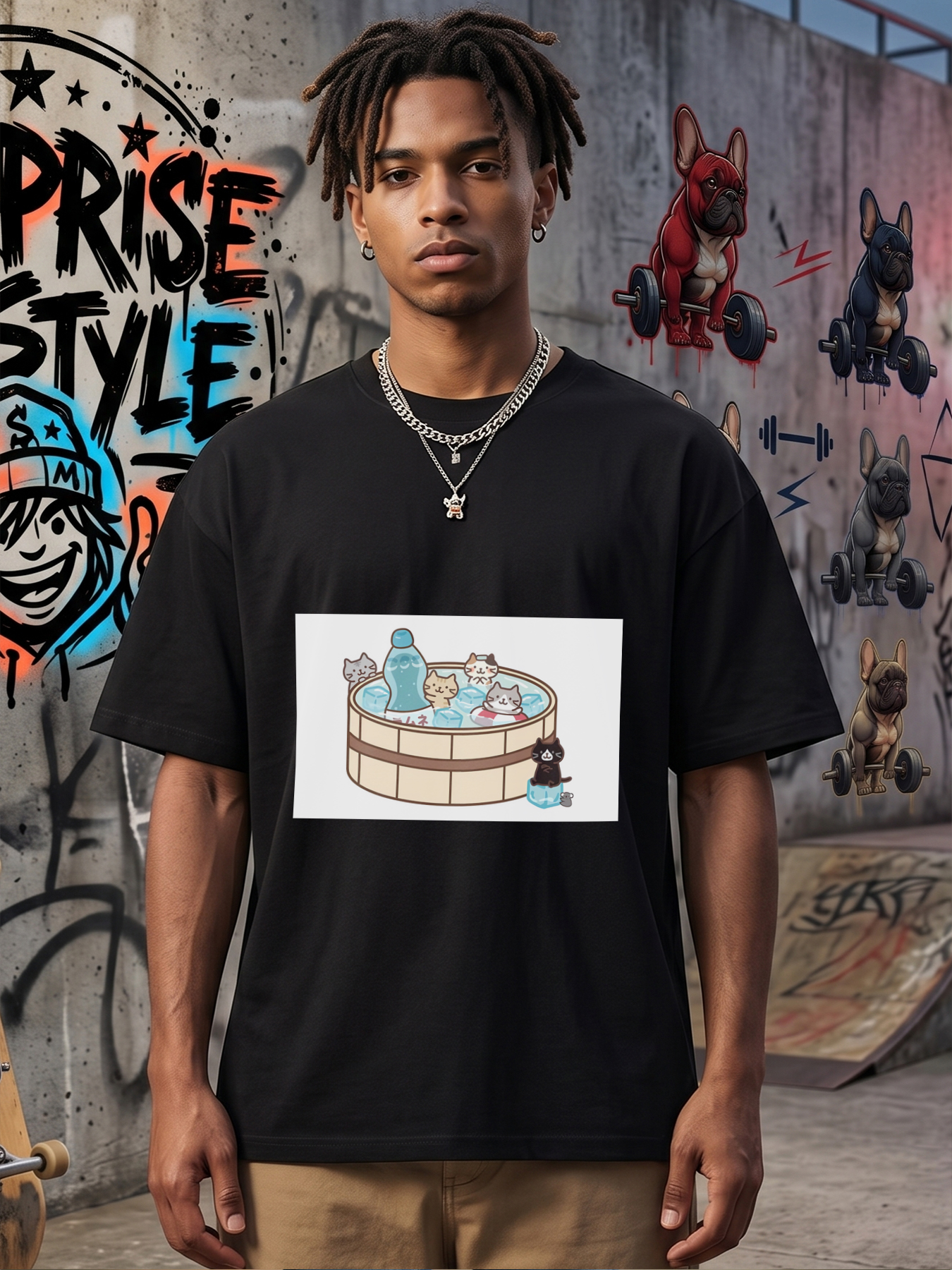 Men's Printed T-Shirt Cats in Ice Bath with Soda Bottle Cartoon Design Casual Round Neck Summer Lightweight Breathable Short Sleeve T-Shirt for Daily Wear, Outdoor Activities, Cat Lovers and Fun Fashion Enthusiasts
