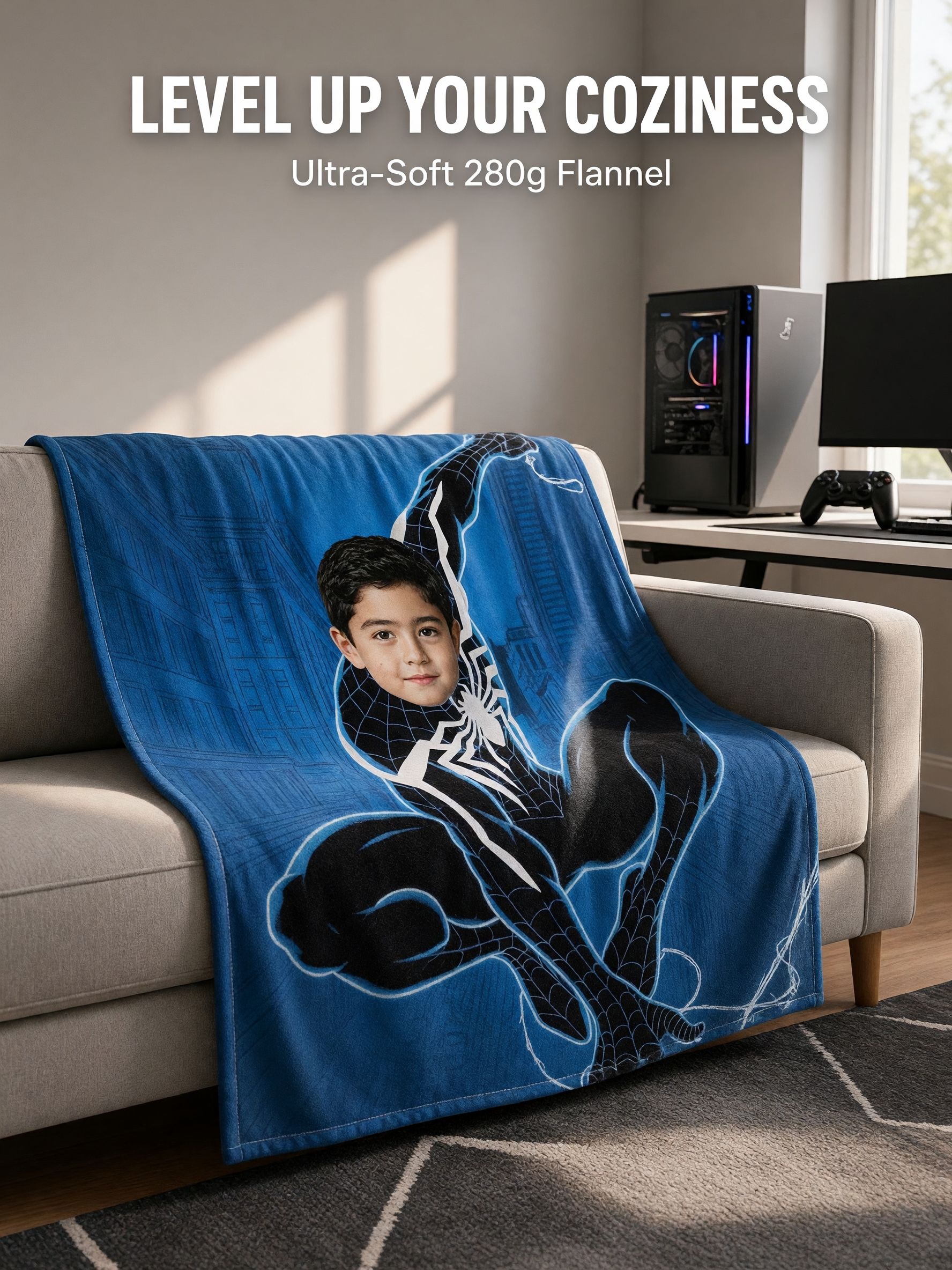 Custom Photo Superhero Face Blanket, Ultra Soft Flannel Fleece Throw, Personalized Cozy Gift for Kids and Fans