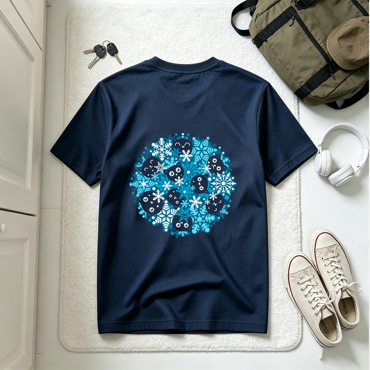 Black Cats and Snowflakes Winter Pattern - Tee