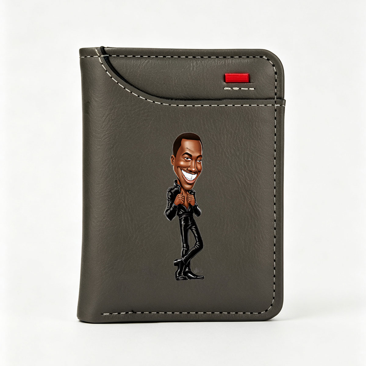 Caricature of a smiling man in a black leather outfit, adjusting his jacket with a confident pose. - Vertical Style Wallet
