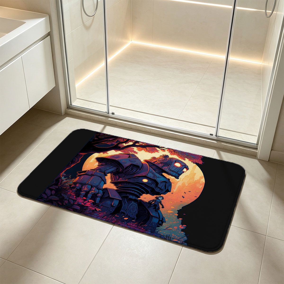 Giant Robot and Child in Autumn Forest at Sunset - Flannel floor mat
