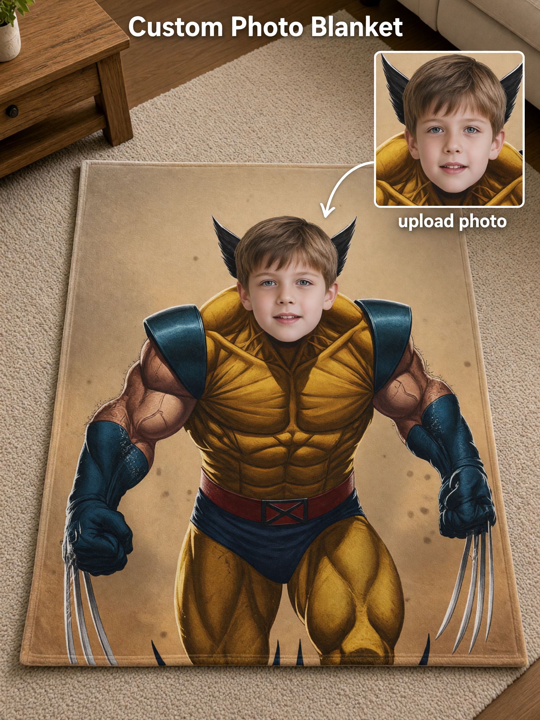 Custom Photo Superhero Flannel Fleece Blanket, Ultra Soft Personalized Face Throw Blanket for Kids and Family Gift