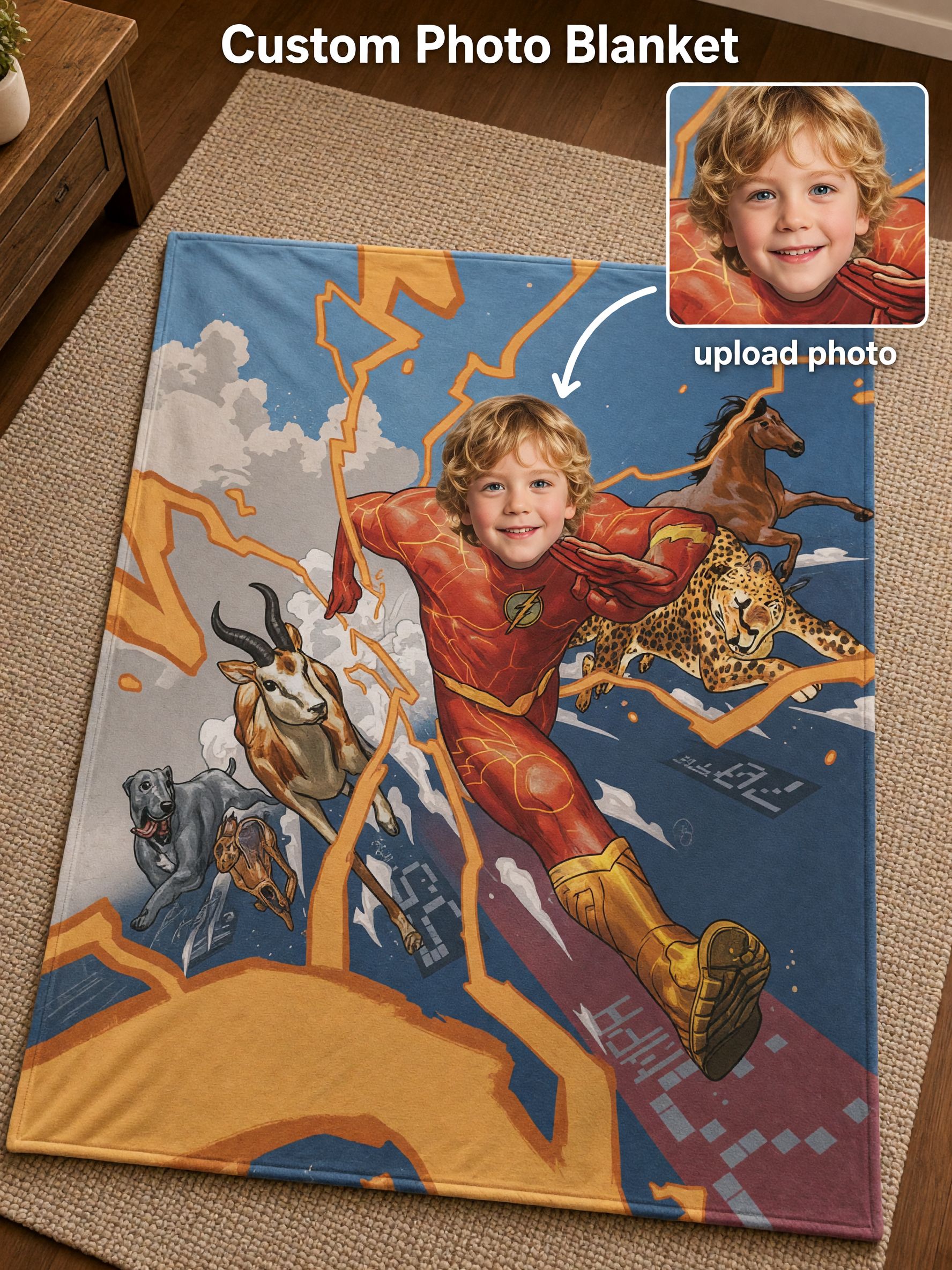 Personalized Superhero Photo Blanket Custom Face Flannel Fleece Throw Soft Cozy Keepsake Gift for Boys and Kids