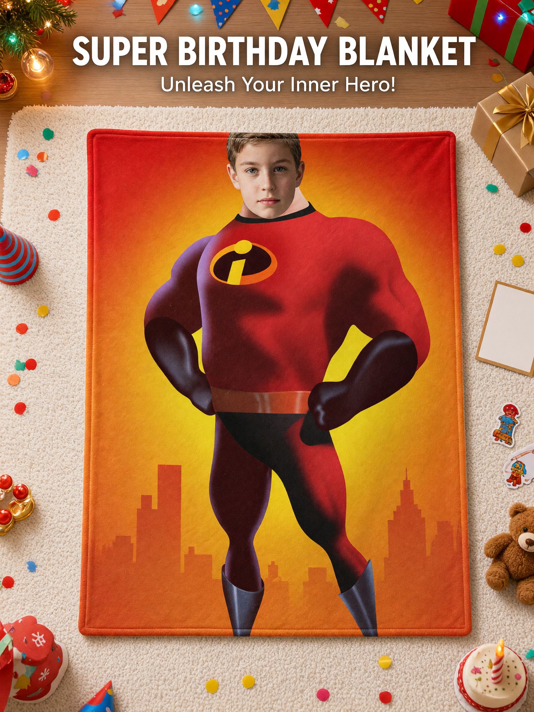 Custom Face Superhero Flannel Blanket, Personalized Photo Cutout Throw Fleece for Kids and Adults, Ideal Birthday Gift