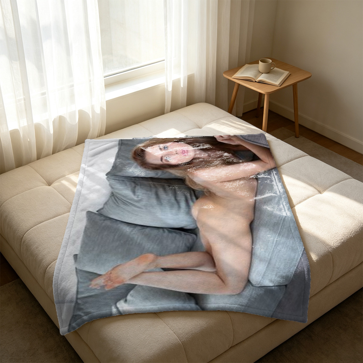 Emma Watson in a white mini dress lying on a couch drawing in a notebook. - Blanket