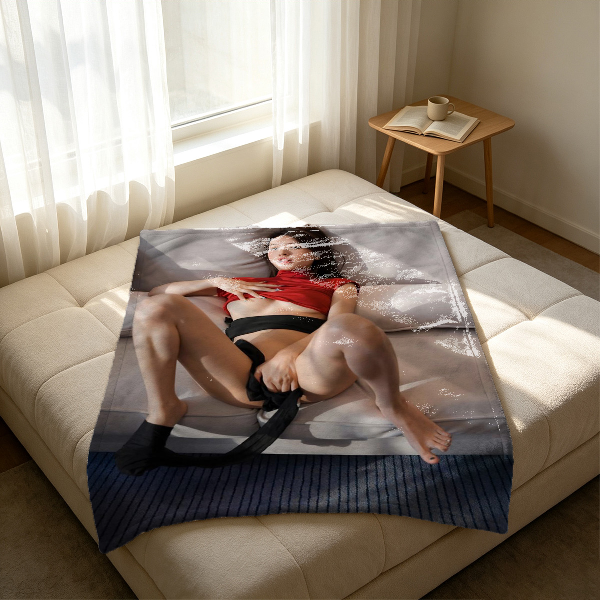 Nude Japanese Woman in Red Tape Bondage Pose - Blanket