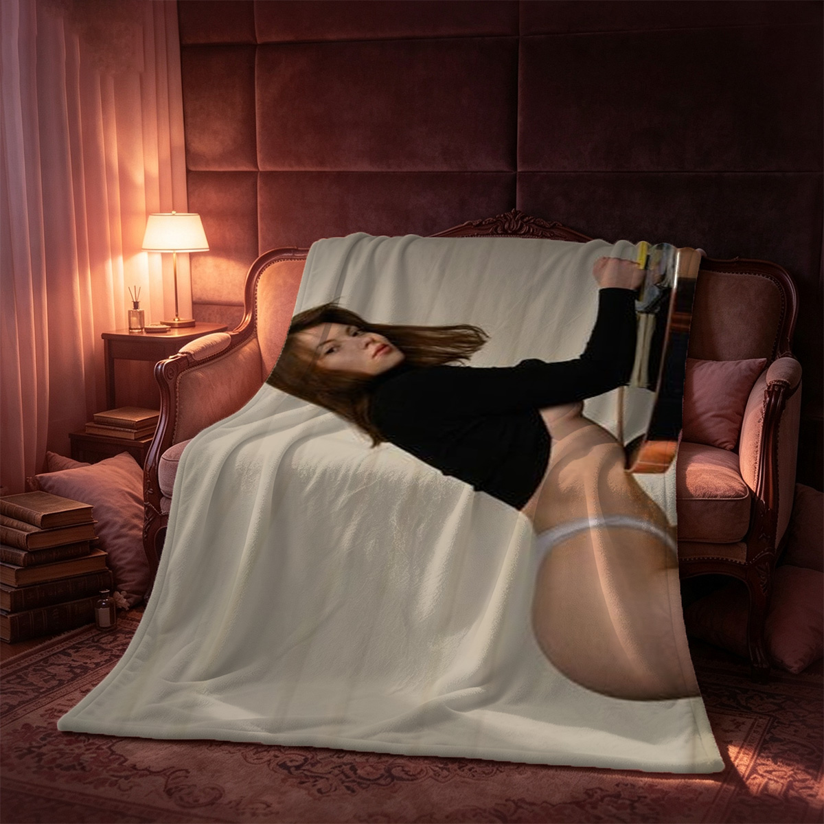 A young woman in a beige bra and unbuttoned purple shirt with a black mini skirt, posing barefoot on a grey sofa in a modern bedroom. - Blanket
