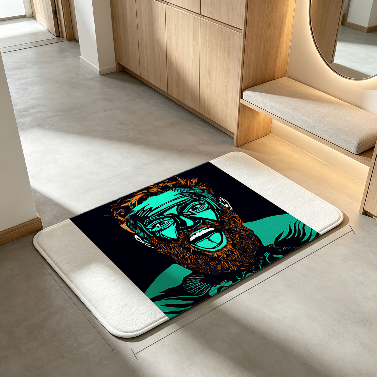 Bearded Man with Turquoise Face and Intense Expression - Flannel floor mat