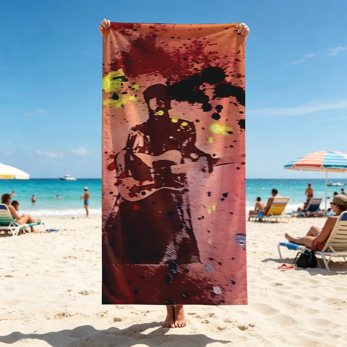 Guitarist Silhouette in Abstract Splash Art - Beach towels