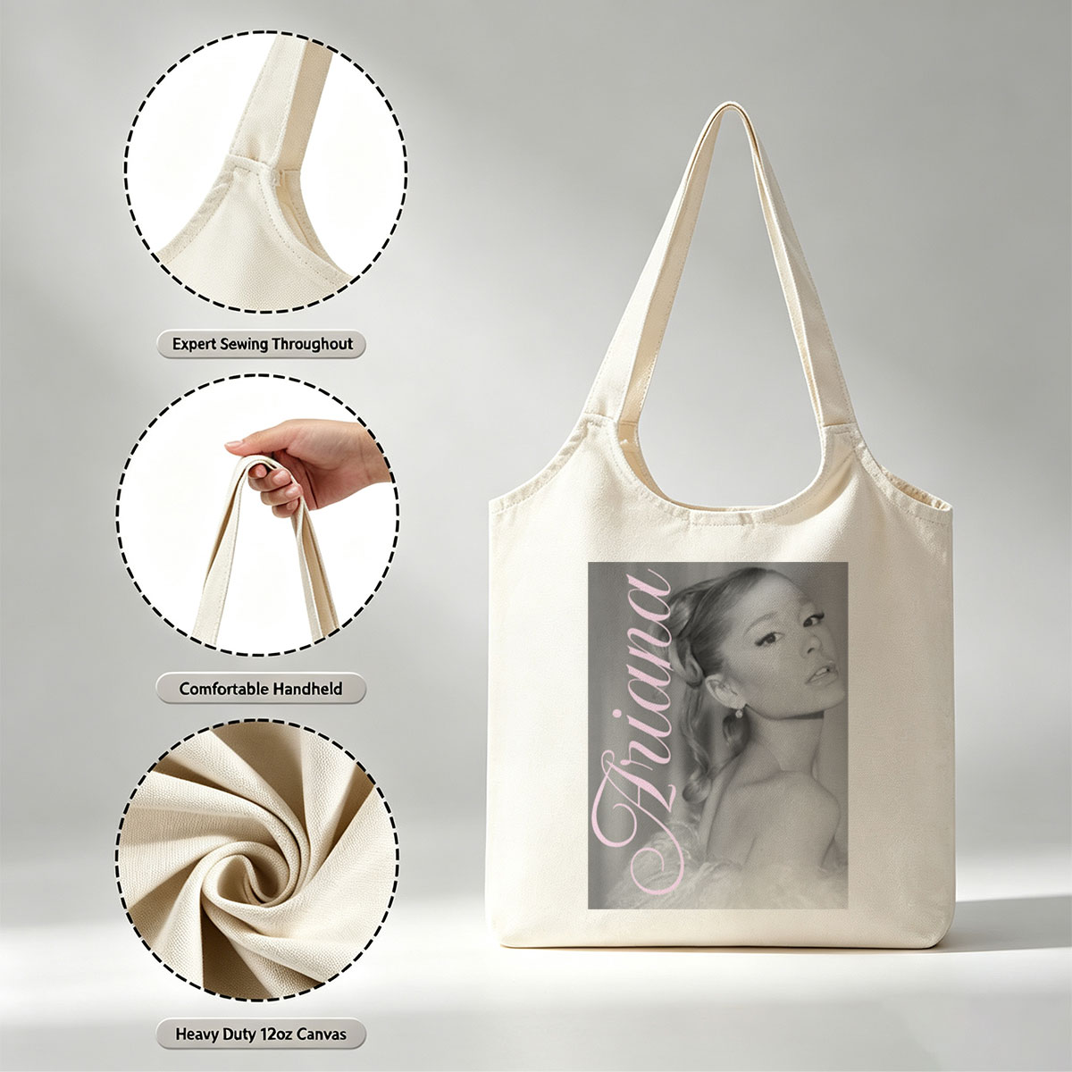 Ariana Grande Elegant Black and White Portrait with Pink Text Overlay - Canvas shoulder bags/