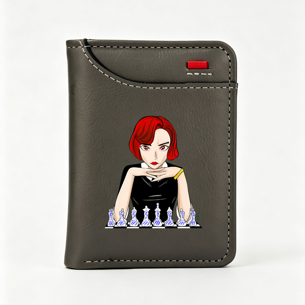 Red-Haired Woman in Black Dress Playing Chess - Vertical Style Wallet