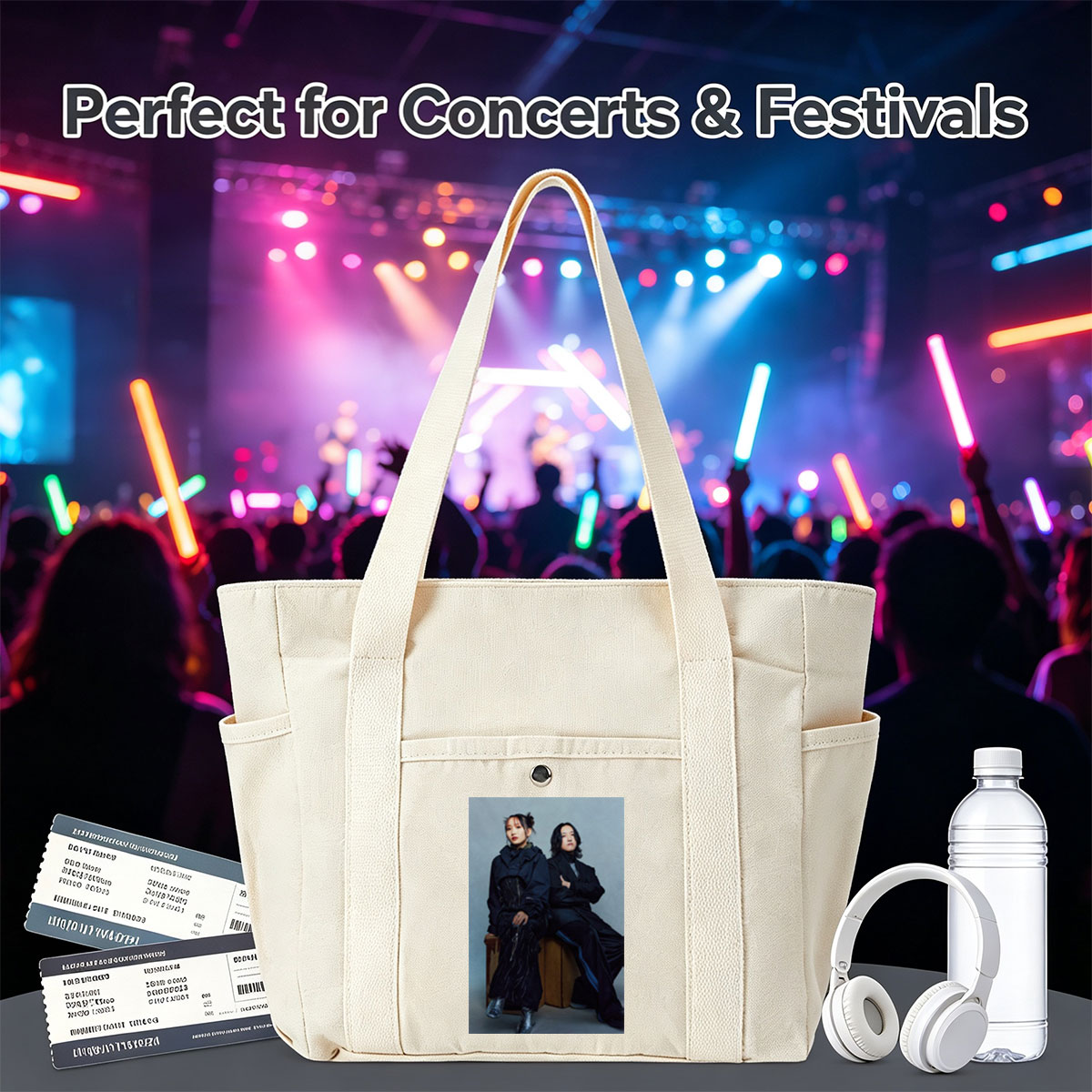 YOASOBI in a Stylish Studio Portrait Featuring Two Members Dressed in Dark, Edgy Fashion Sitting on Wooden Crates Against a Neutral Background - Multi-pocket bags