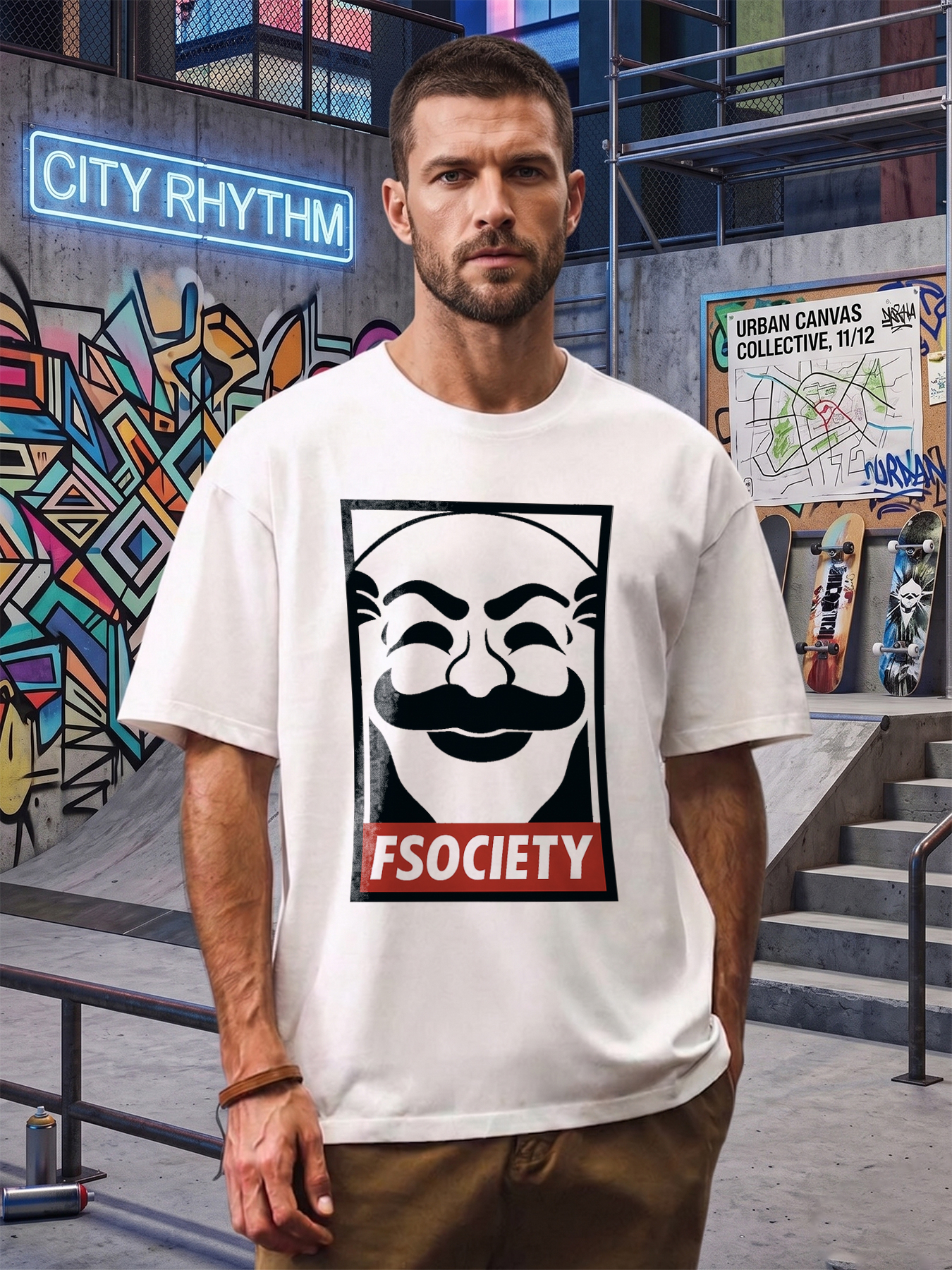 Men's Printed T-Shirt with FSOCIETY Mask Design and Bold Text - Casual Round Neck Summer Lightweight Breathable Short Sleeve Tee for Urban Streetwear Fans, Tech Enthusiasts, and Trend-Seeking Adults