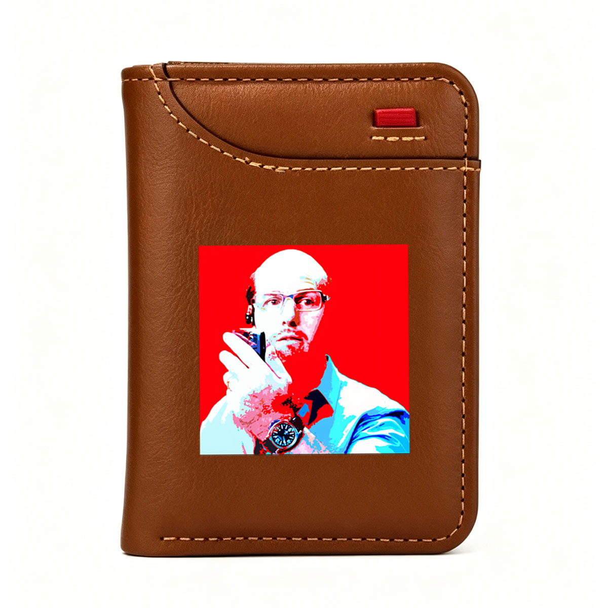 Bald Man with Glasses Holding Phone, Wearing Watch, Red Background - Vertical Style Wallet