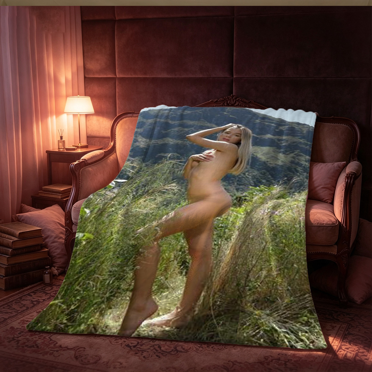 Nude Blonde Holding Hat From Behind - Blanket