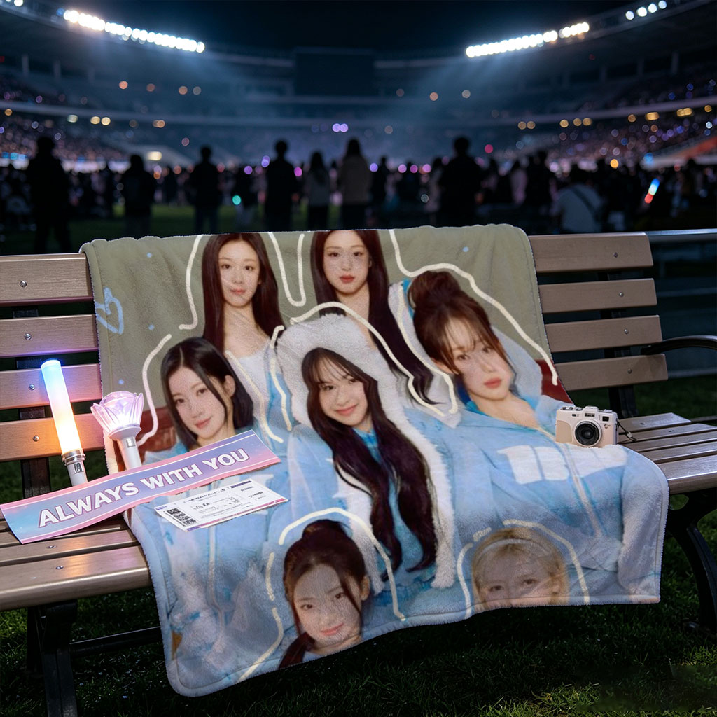 BABYMONSTER Group Photo in Matching Blue Hoodies with Cloud and Heart Design Background - Blankets