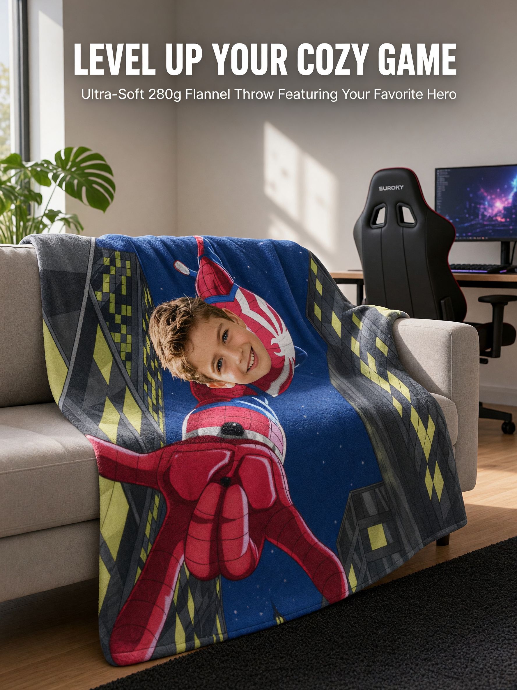 Custom Photo Superhero Flannel Blanket, Personalized Face Throw for Kids Bed and Sofa, Cozy Keepsake Gift