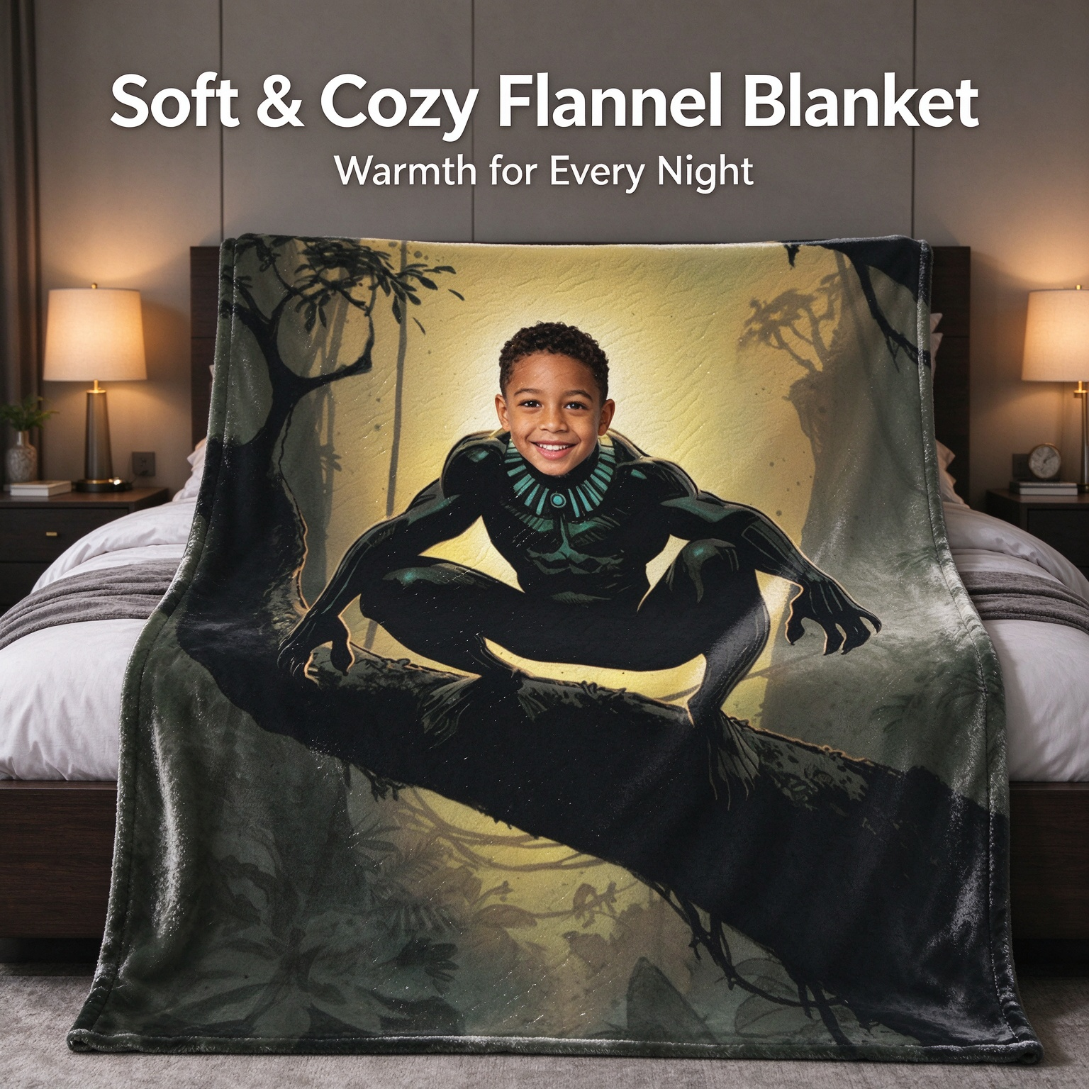 Custom Face Superhero Flannel Blanket, Personalized Photo Plush Fleece Throw for Kids and Family, Ultra Soft Warm