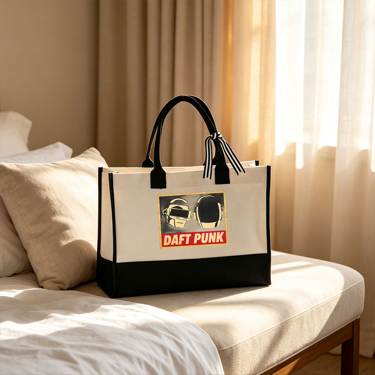 Daft Punk - Iconic Robot Duo in Helmets - Canvas patchwork gift tote bag
