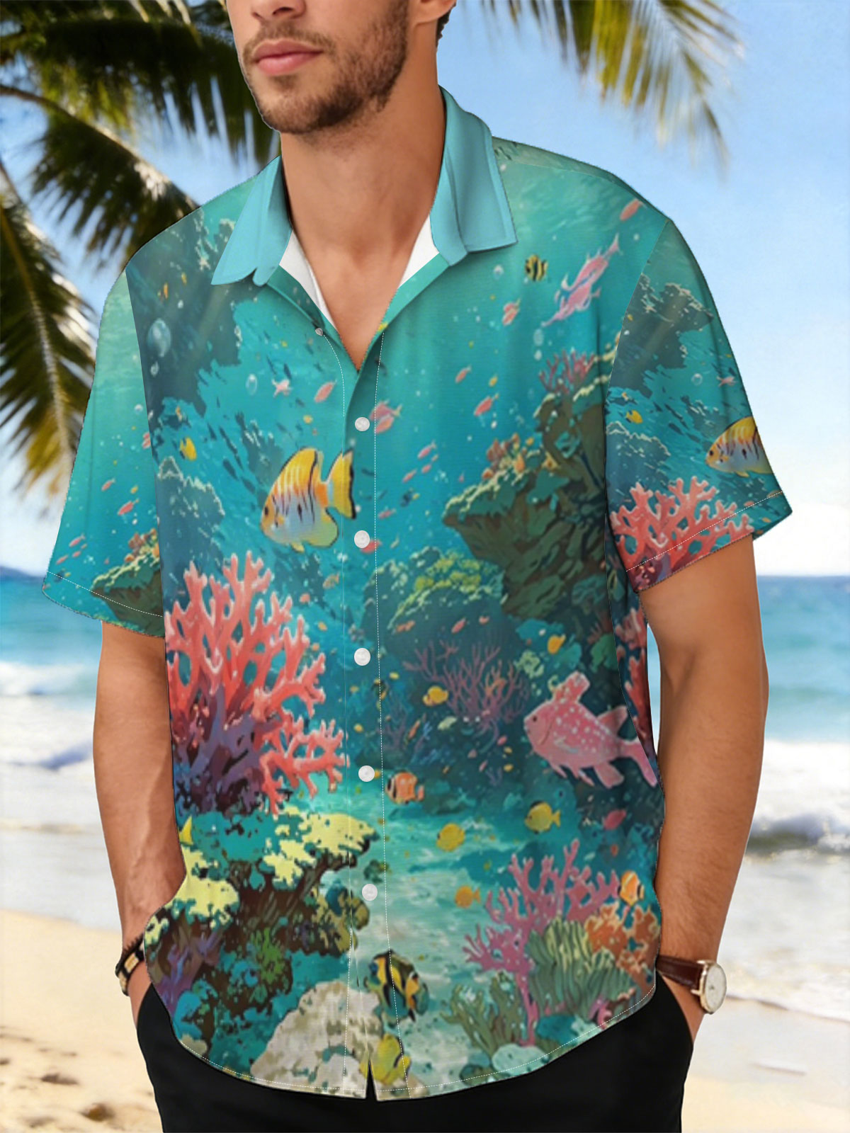 Vibrant Coral Reef with Colorful Fish and Sunlight Rays -  Shirt