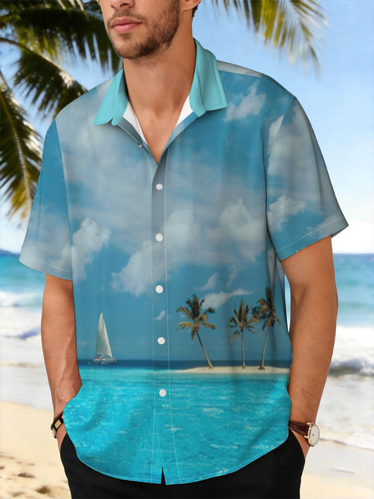 Sailboat near tropical island with palm trees under blue sky -  Shirt