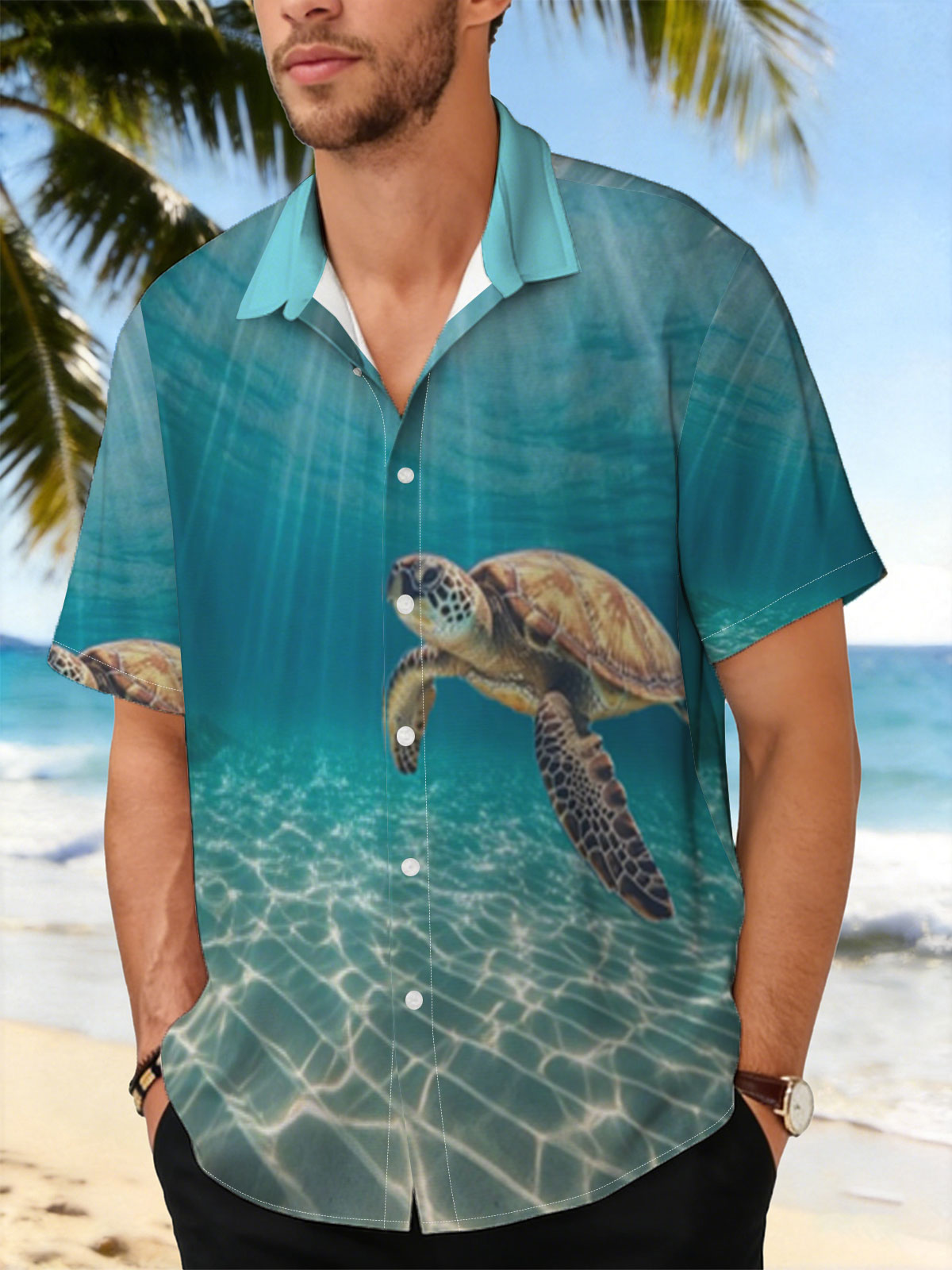 Sea turtle glides through sunlit waters, rays shimmering above. -  Shirt