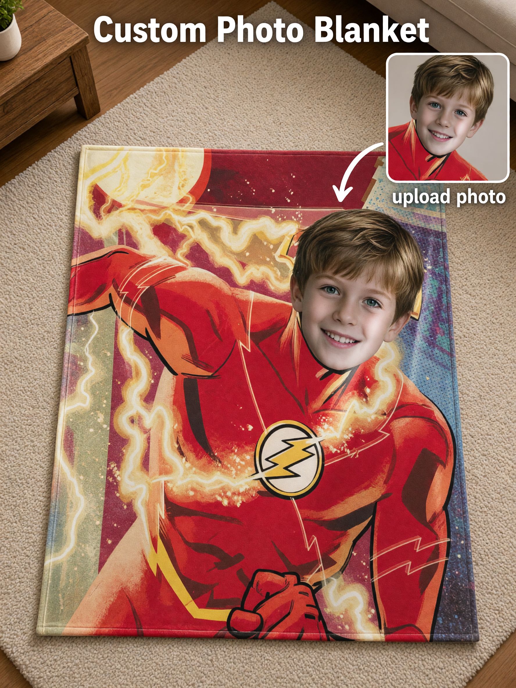 Custom Face Blanket Personalized Superhero Flannel Throw Blanket for Kids and Adults, Cozy Bed Couch Fleece Gift