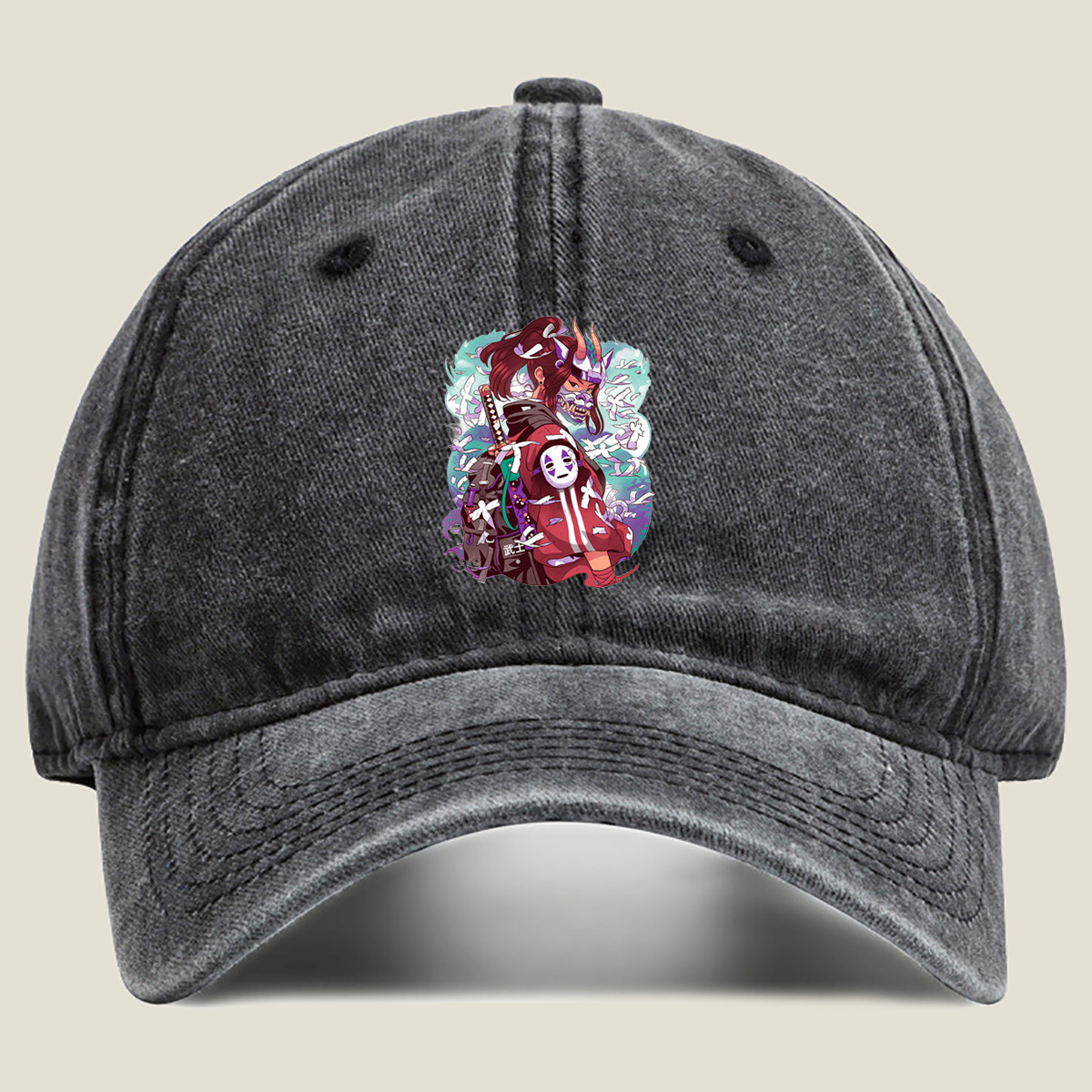 Samurai Warrior with Mask and Katana - Washed Denim - Baseball Cap