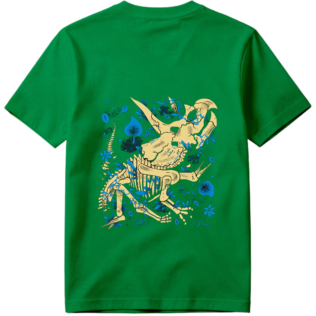 Triceratops Skeleton with Blue Leaves - Tee