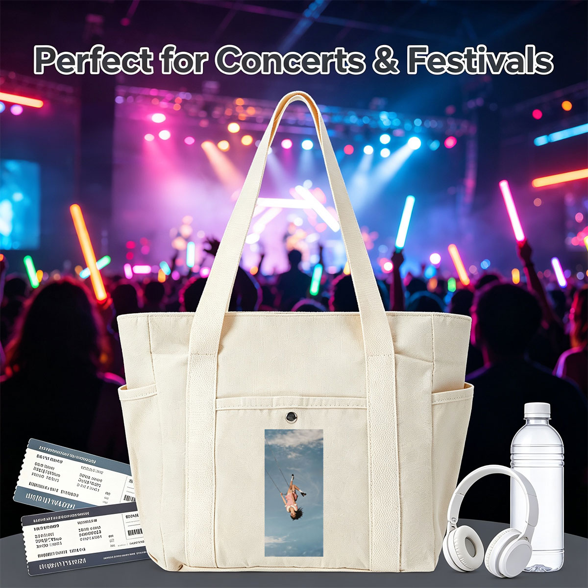 Taylor Swift Swinging on a Chain Against a Blue Sky - Multi-pocket bags