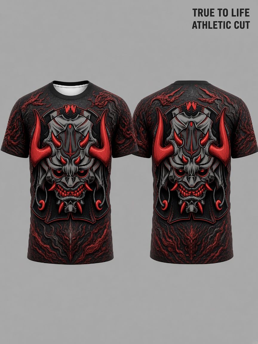 Japanese Oni Demon 3D Optical Illusion Graphic Tee Breathable Athletic Mesh T-Shirt Casual and Sports Wear