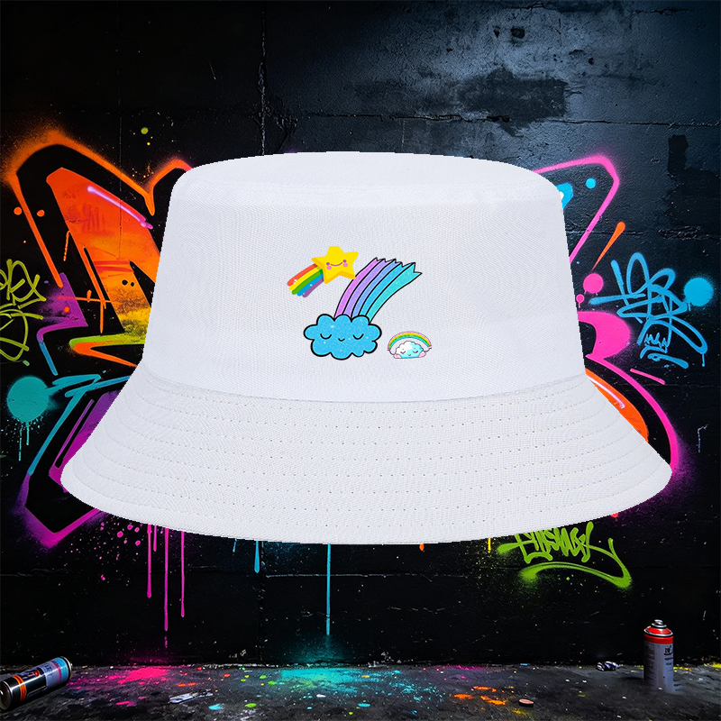 Unisex Fisherman Hat with Rainbow Star and Cloud Print, Classic Cotton Bucket Hat for Outdoor Activities, Perfect for Youth and Adults Seeking Fun and Comfortable Sun Protection