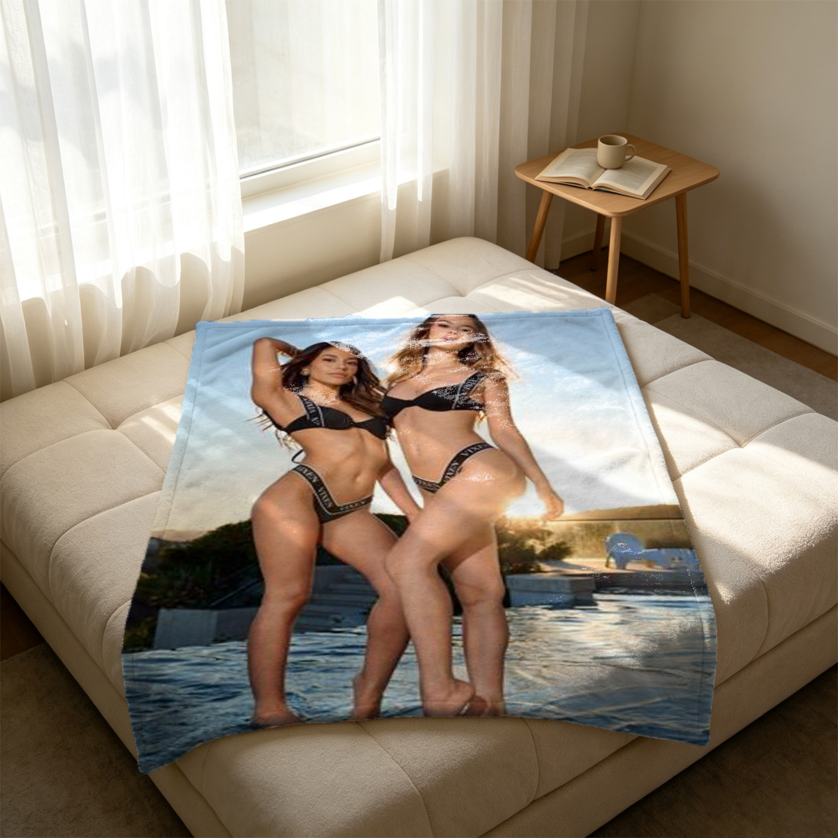 Nude Japanese woman with bob haircut showering in blue tiled bathroom covered in soap suds. - Blanket
