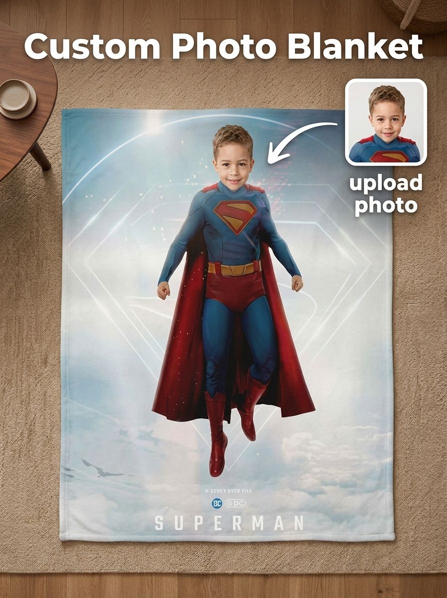 Custom Photo Superhero Flannel Blanket Personalized Face Throw Ultra Soft Cozy Fleece Bedding Keepsake Gift