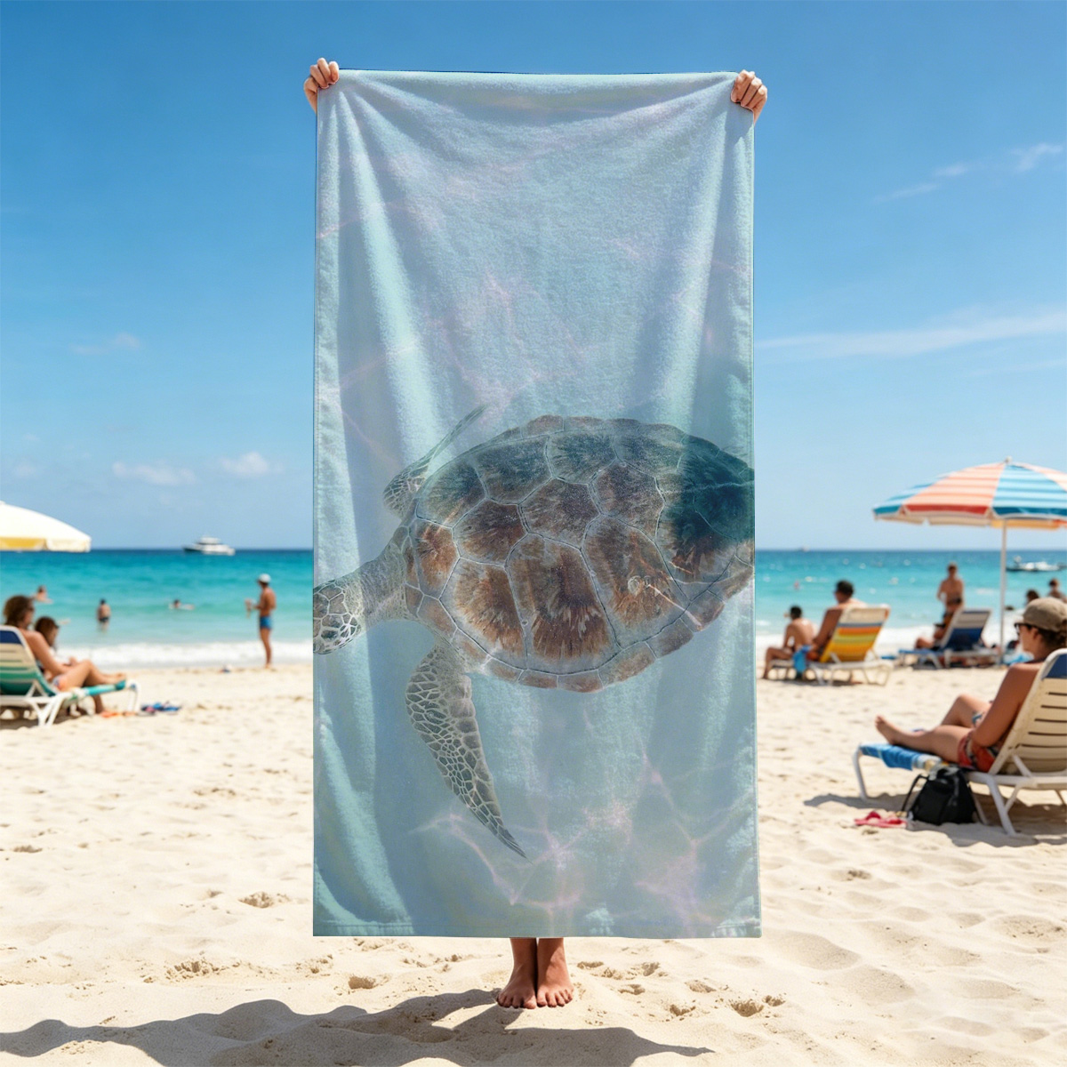 Sea Turtle Swimming in Clear Blue Water - Beach towels