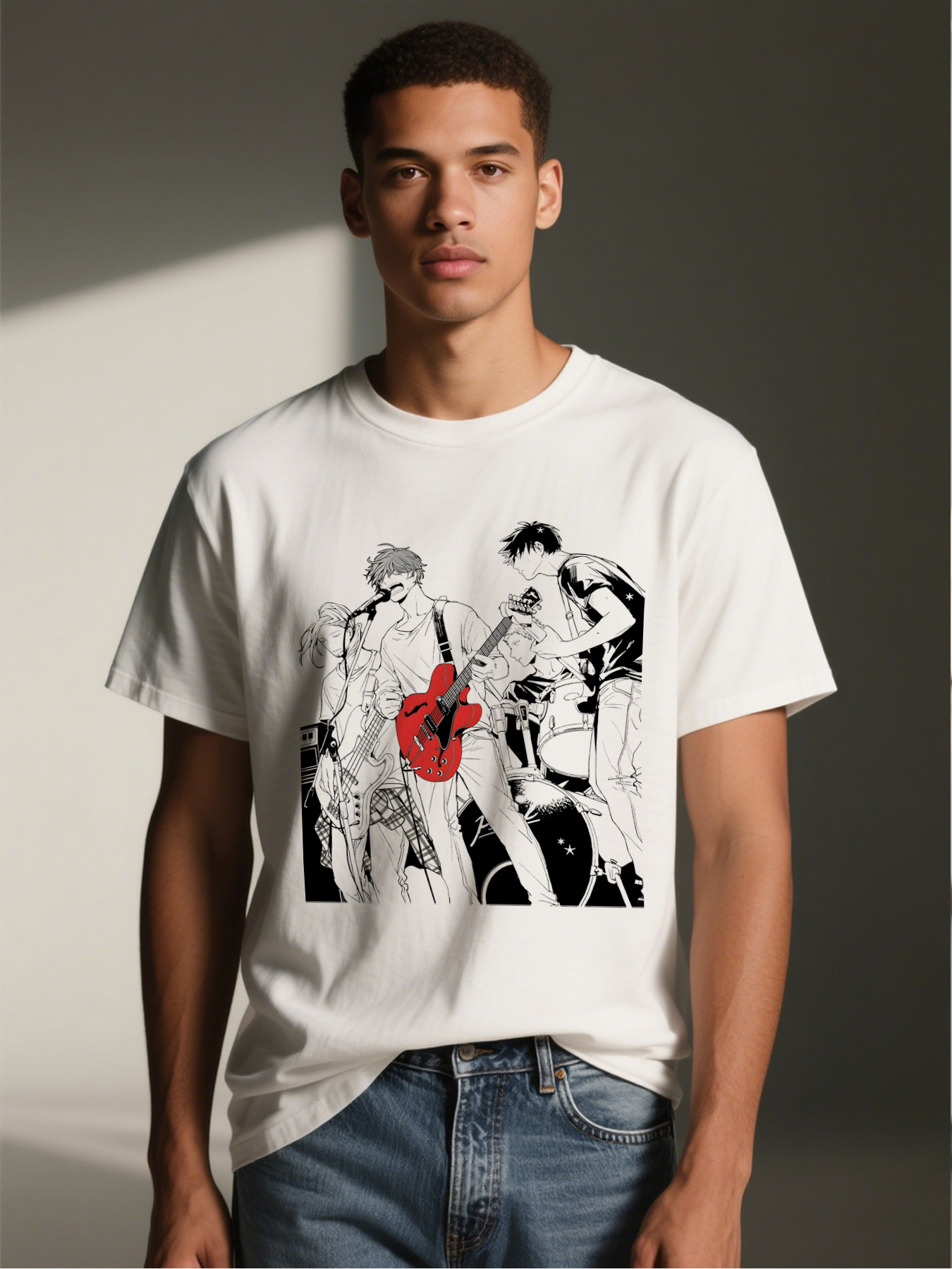 Men's Printed T-Shirt Rock Band Guitar Design Black and Red Graphic Casual Round Neck Summer Lightweight Breathable Short Sleeve Tee for Music Lovers and Rock Fans