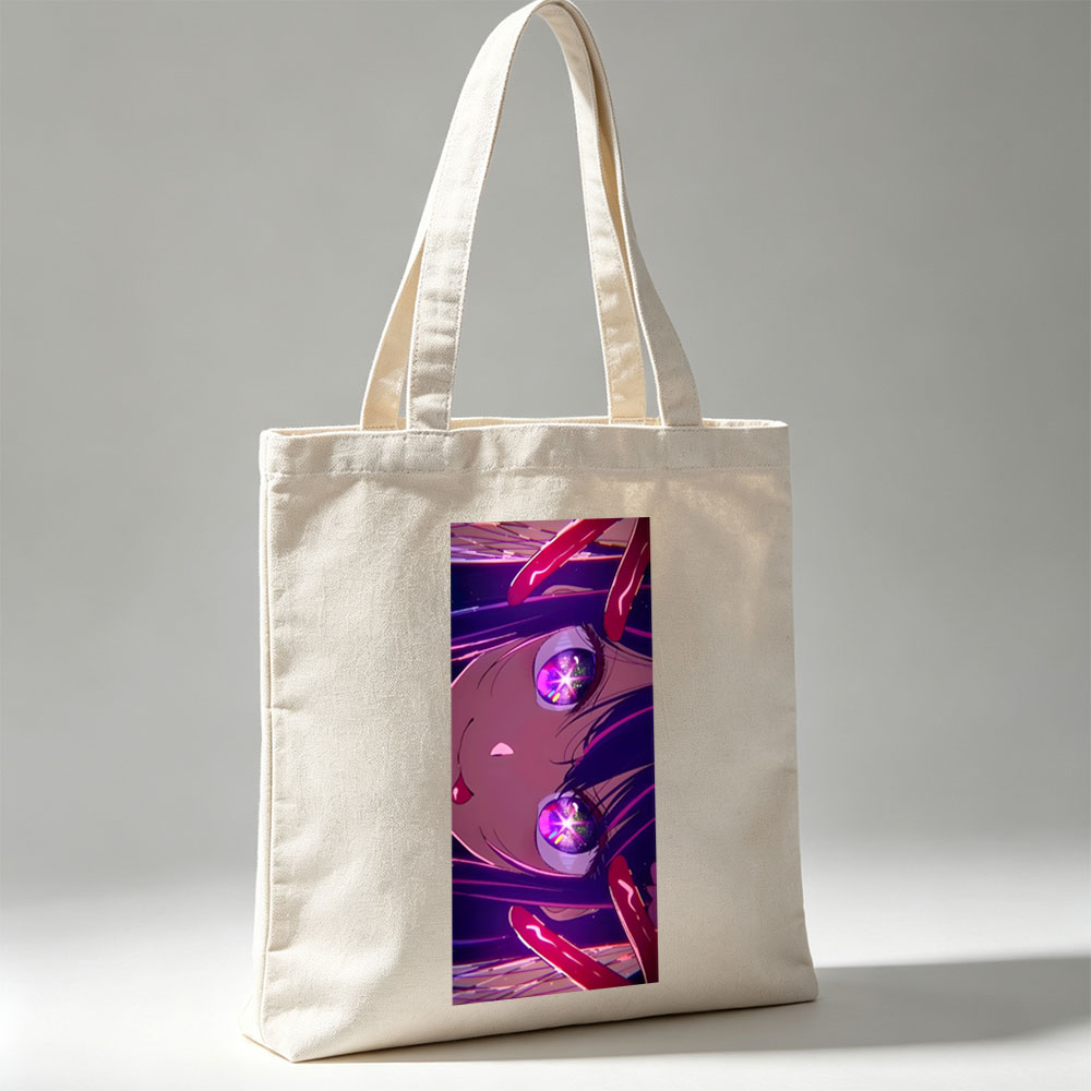 Anime Character with Glowing Purple Eyes and Dramatic Expression in a Cosmic Background - Canvas tote bags