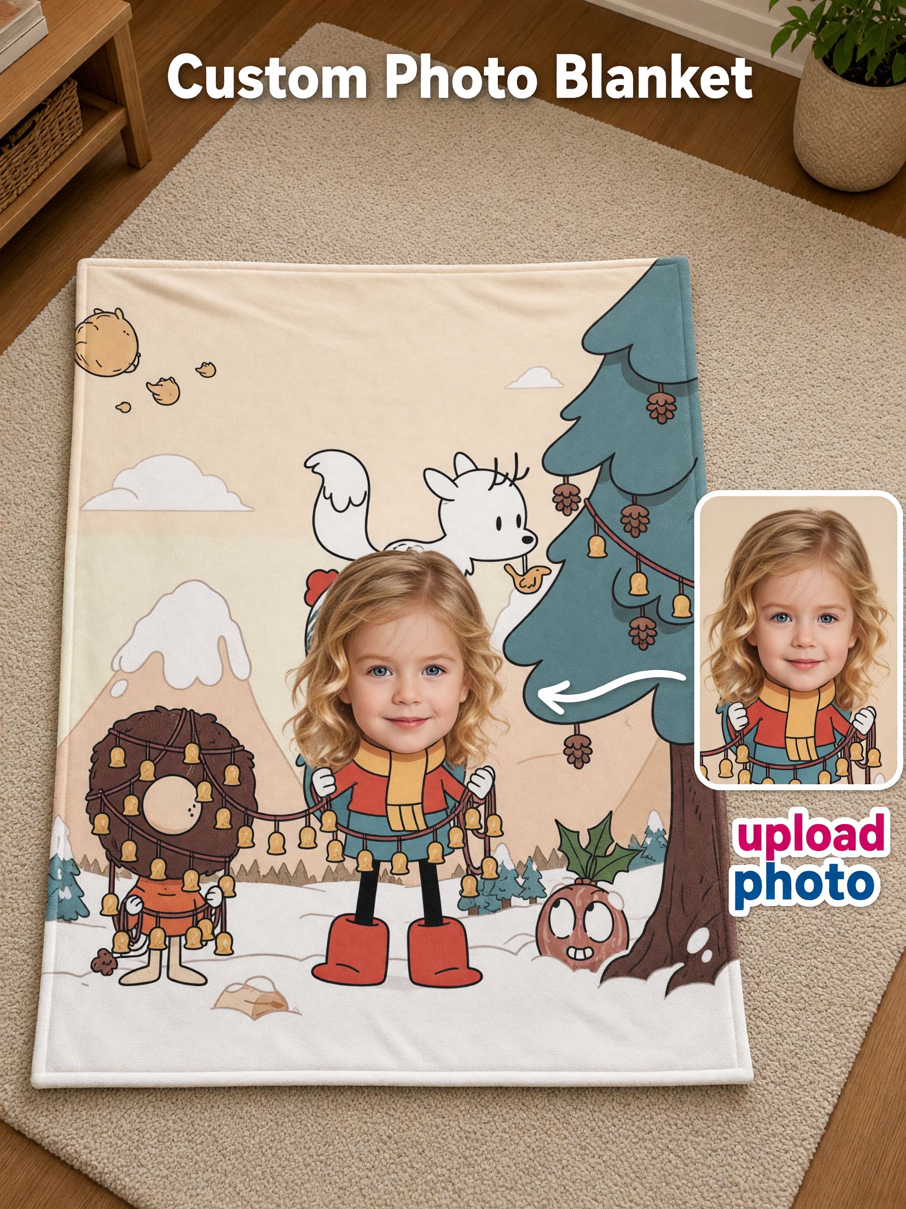 Custom Face Photo Blanket Soft Flannel Throw with Cartoon Winter Scene, Ideal Personalized Gift for Kids and Family