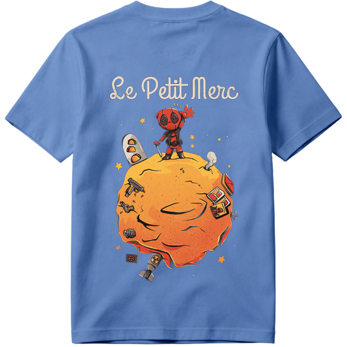 Deadpool on a Planet with Weapons and Space Items - Tee