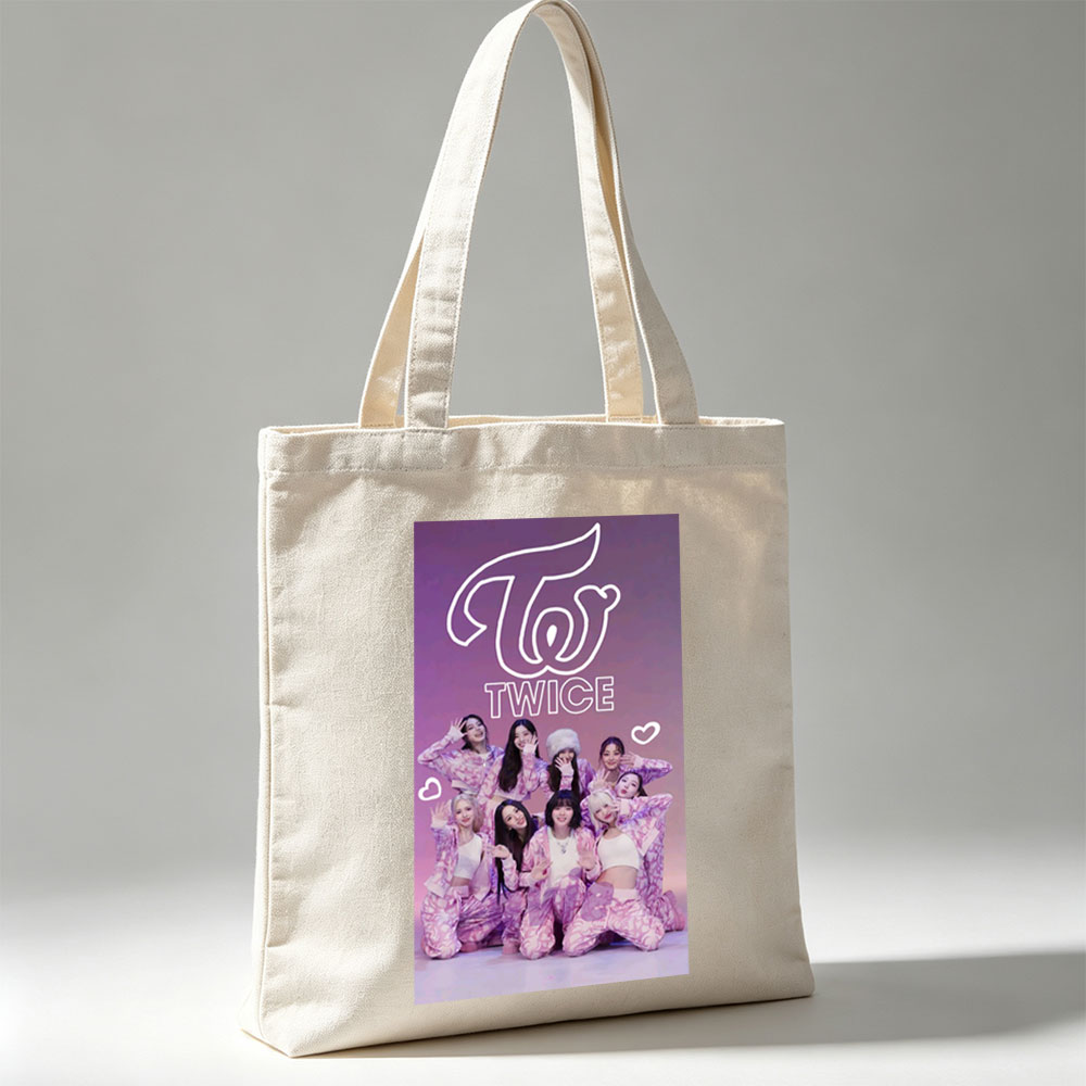 TWICE Group Photo in Pink Patterned Outfits with Heart Emojis and Logo Background - Canvas tote bags