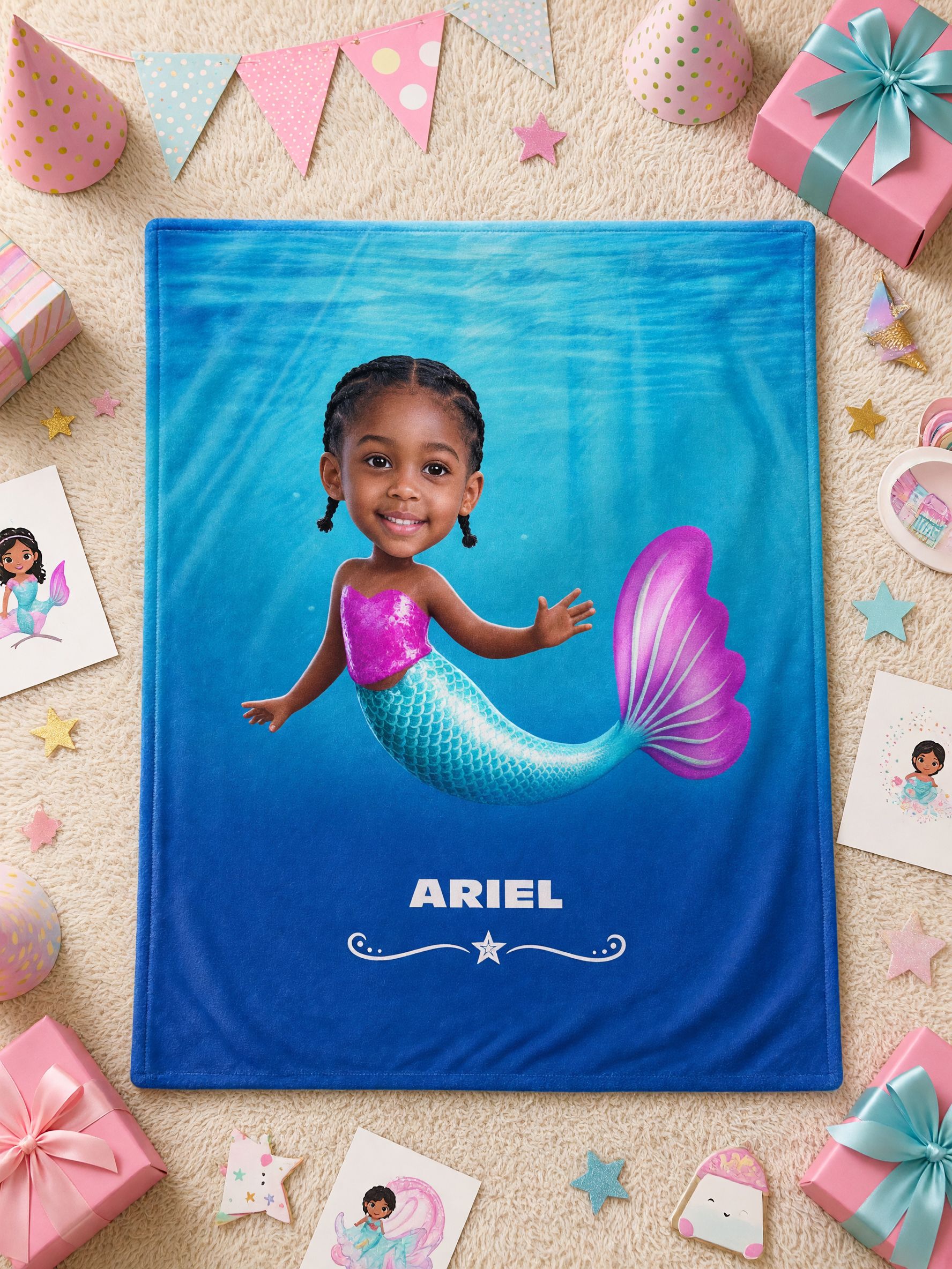 Custom Face Mermaid Blanket Personalized Photo Flannel Fleece Throw, Ideal Cozy Gift for Kids and Toddlers