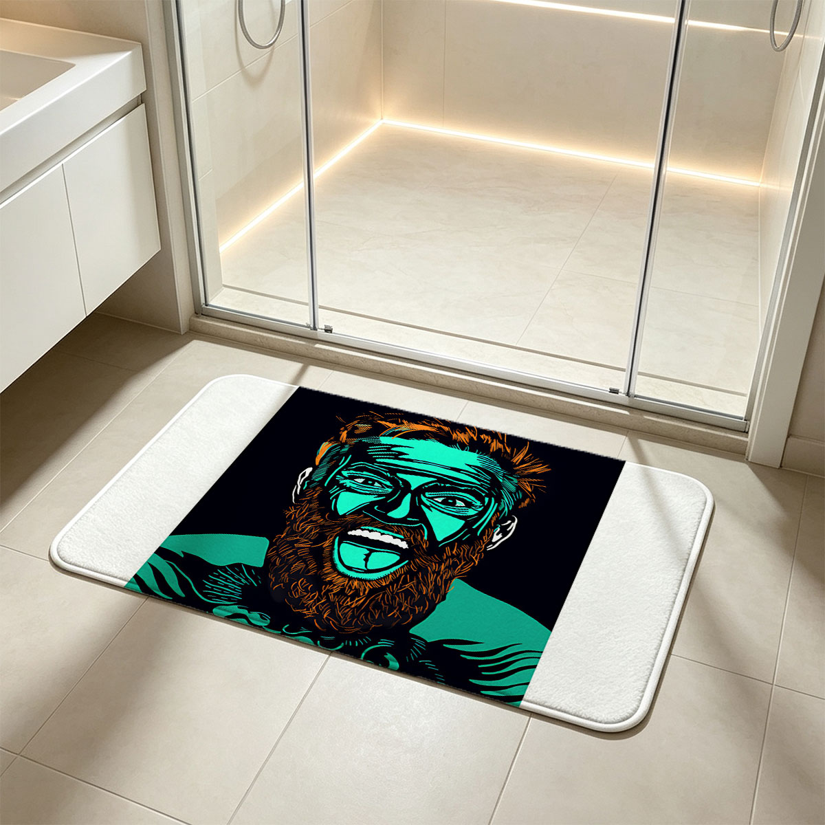 Bearded Man with Turquoise Face and Intense Expression - Flannel floor mat
