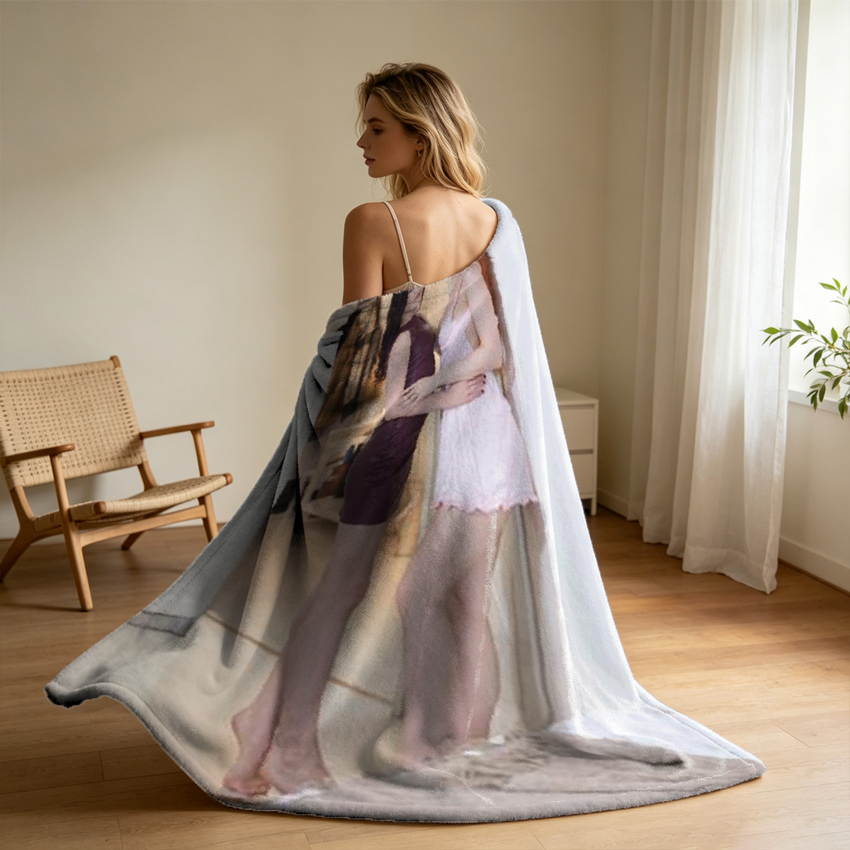 Scarlett Johansson in white lingerie standing in luxury apartment doorway - Blanket