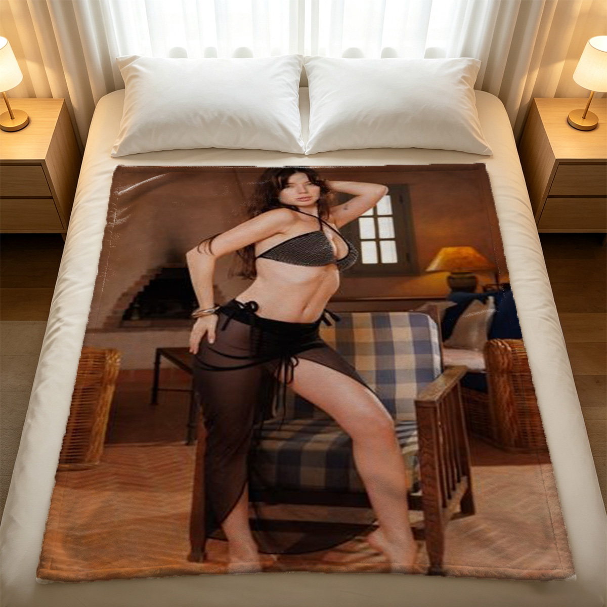 Nude model in white lace lingerie posing on orange couch - Blanket