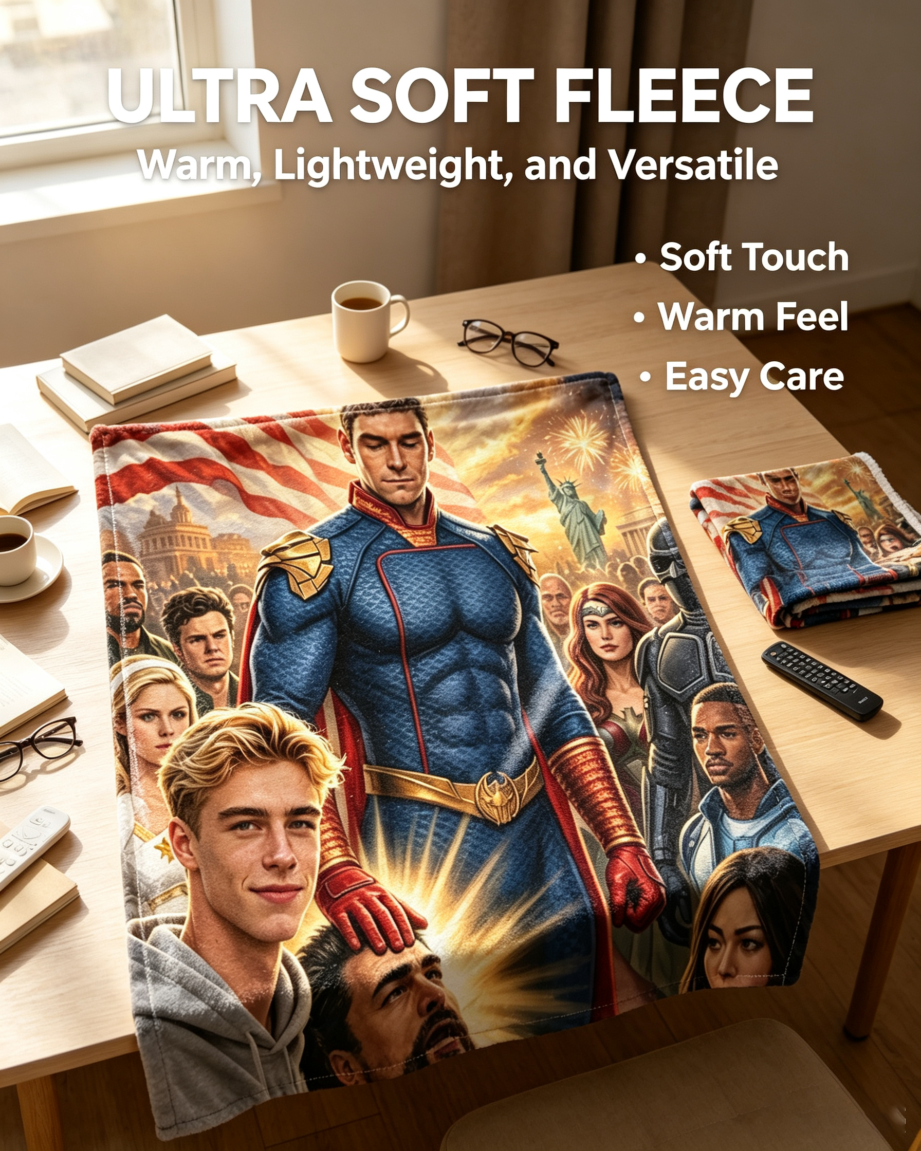 Custom Face Blanket Featuring Superhero Team with American Flag and Iconic Landmarks Flannel Blanket Perfect for Cozy Nights and Hero-Themed Gifts