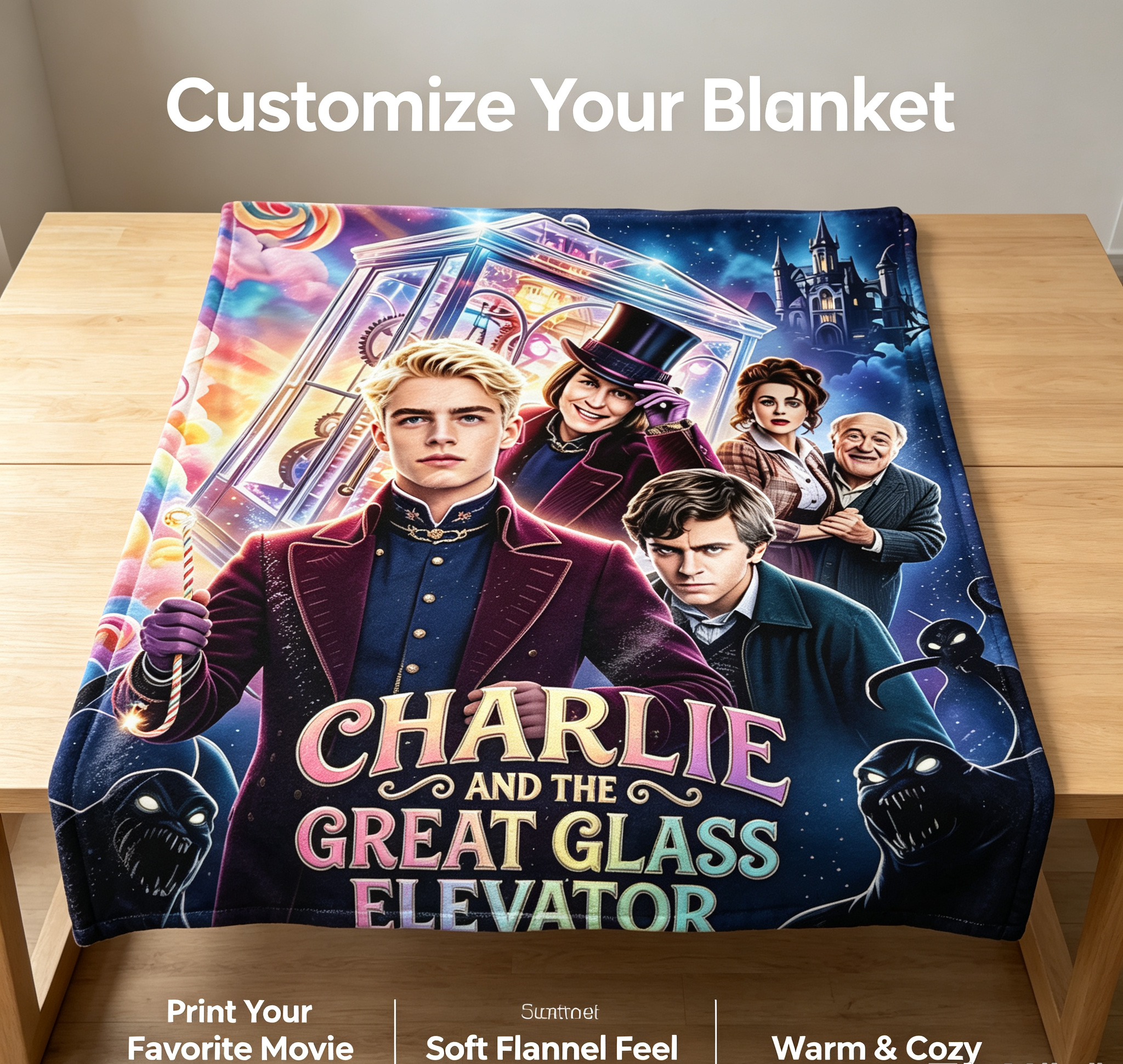 Custom Face Blanket Charlie and the Great Glass Elevator Flannel Blanket Movie-Themed Cozy Throw Perfect for Fans of Johnny Depp and Freddie Highmore Ideal Gift or Giveaway for Kids and Adults