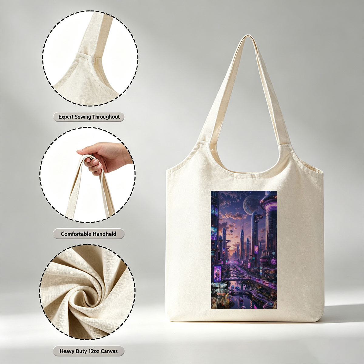 Taylor Swift in Futuristic Cityscape - Neon-Lit Metropolis with Hovering Cars and Giant Moon in the Sky - Canvas shoulder bags/