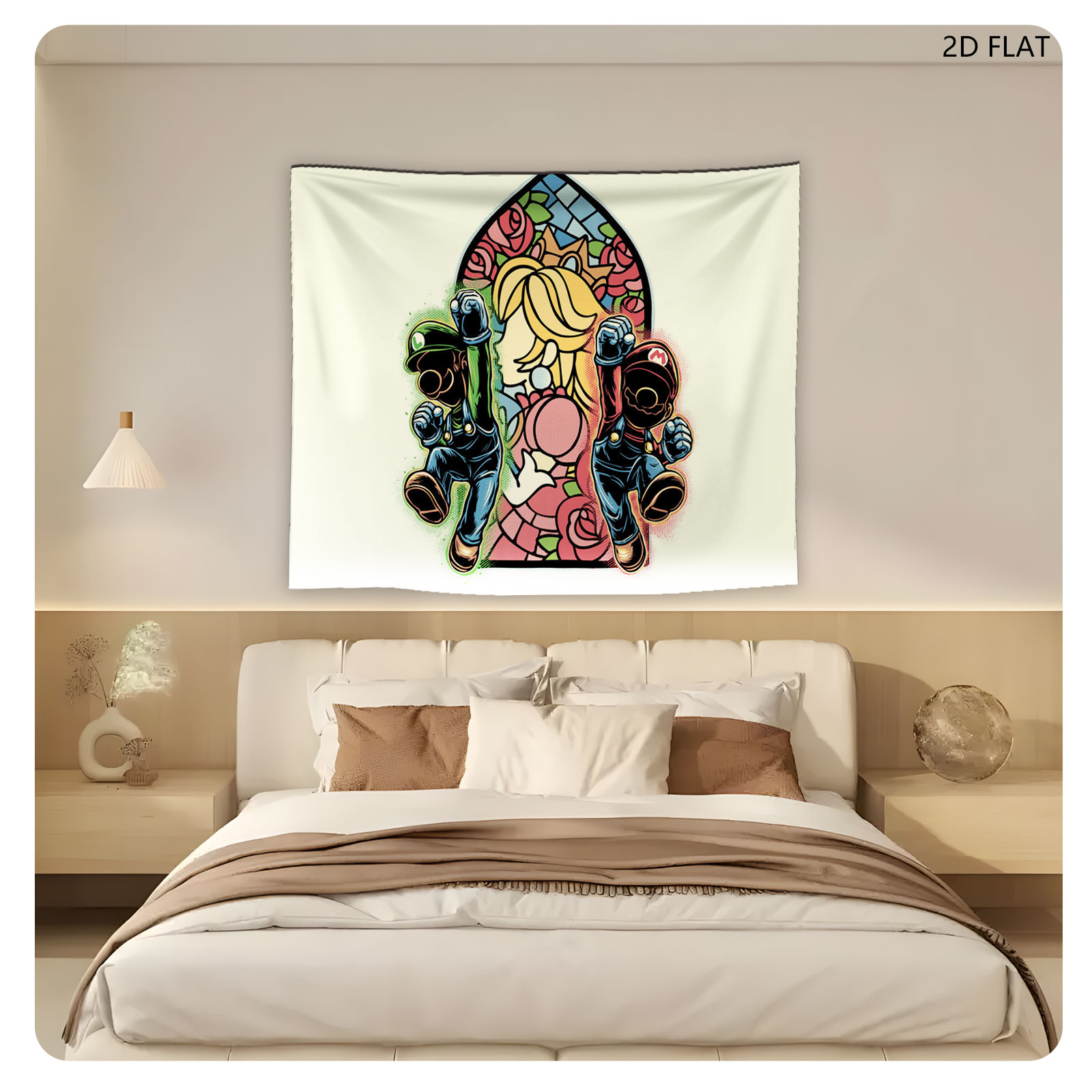 Mario and Luigi Guarding Princess Peach in Stained Glass Style - Tapestry