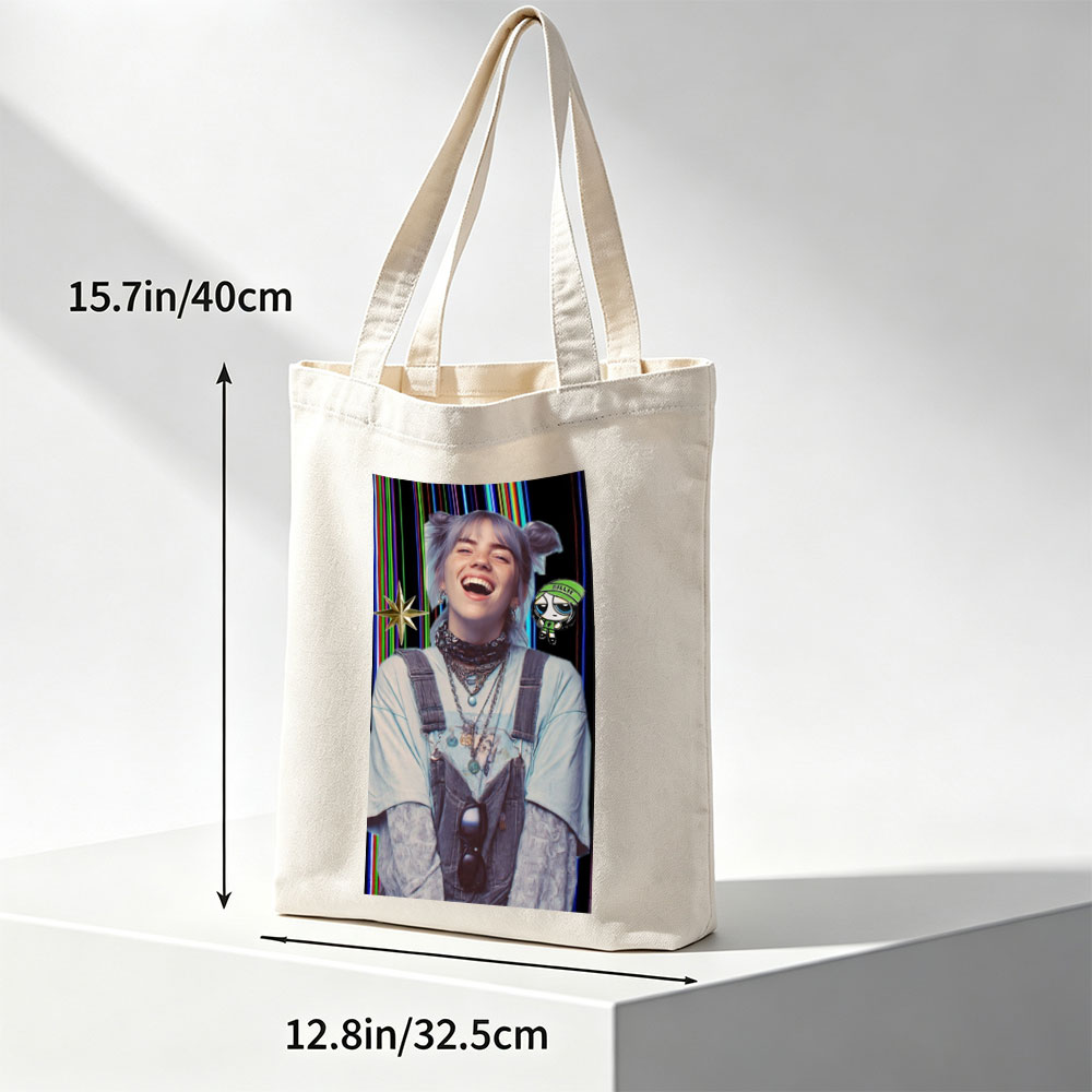 Billie Eilish Laughing in Overalls with Colorful Background and Cartoon Character Overlay - Canvas tote bags